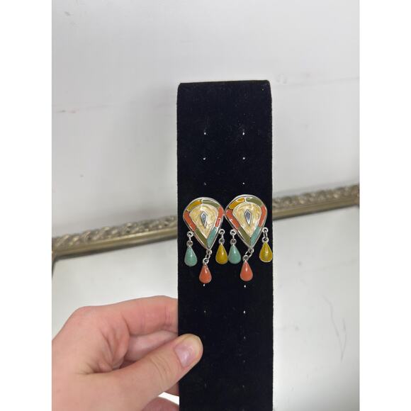 Vintage Rare Silver and Enamel Teardrop Dangle Earrings - Picture 4 of 9